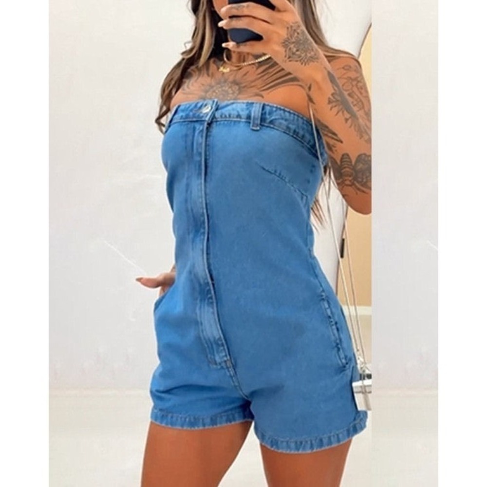 Chicme Women's Bandeau Sleeveless Button Design Jean Denim Romper - Small